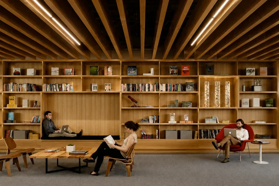 Zona de lectura y trabajo individual compartida con biblioteca