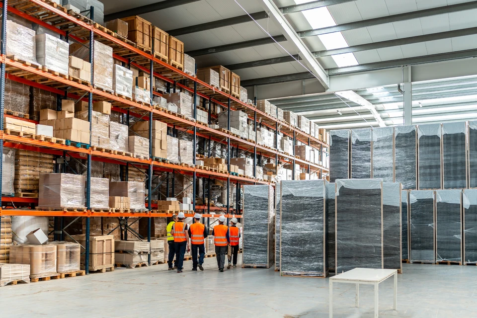 Equipo de logística en un almacén con mobiliario y material preparado para su distribución